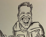 Caricature illustration of John Elway with original signature at the bottom left corner.