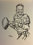 Caricature illustration of John Elway with original signature at the bottom left corner.